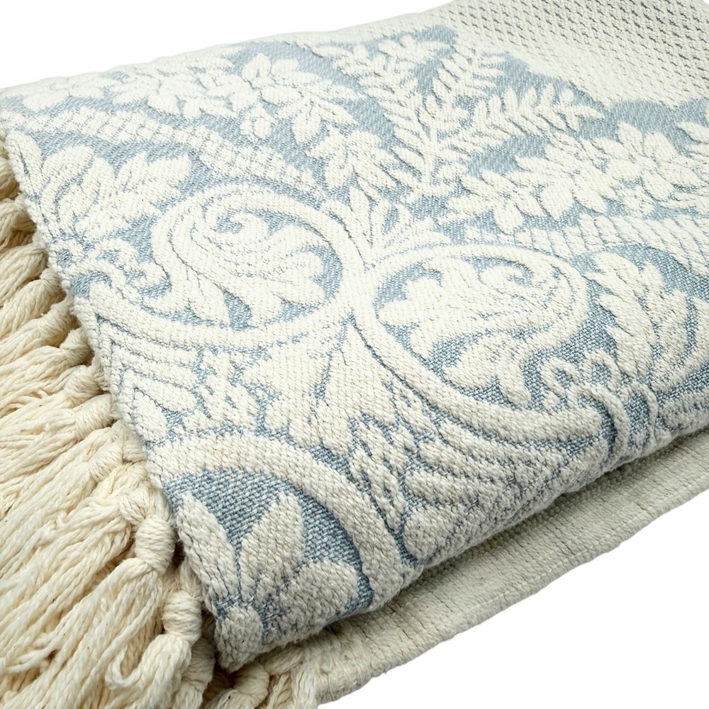 Goodwin Weavers NC Blue Floral Cotton Throw Blanket USA Woven Fringe 62 x 46